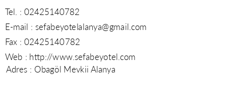 Sefa Bey Hotel telefon numaralar, faks, e-mail, posta adresi ve iletiim bilgileri